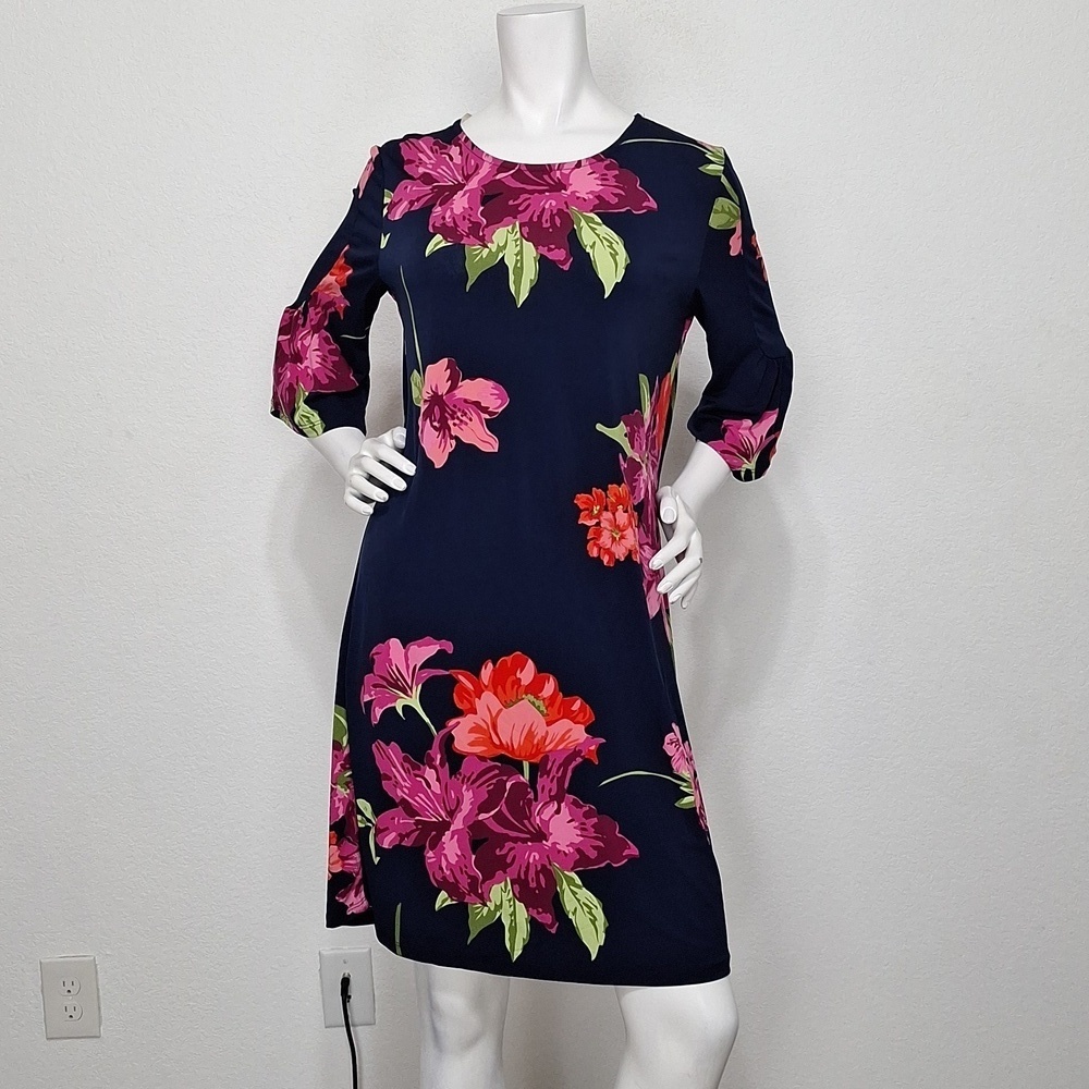Alexandra + Oak Navy Red Wide Sleeve Multicolor Romantic Floral Sheath Dress L